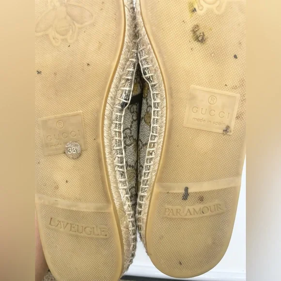 Gucci Beige Natural GG coated canvas black leather trim bee espadrille 38.5 - Picture 7 of 8